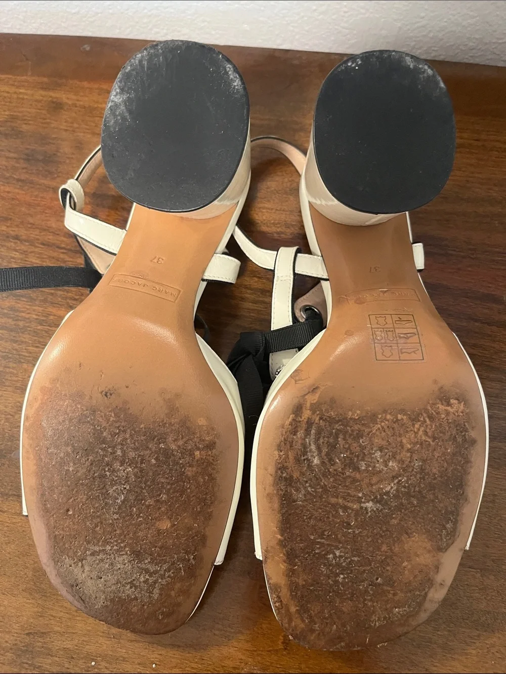 Marc Jacobs Cream Patent Slingback Sandals with Black Ribbon Bow